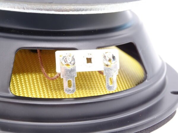 Ce haut-parleur dispose d’une forte acceptation des pics de puissance due à la construction particulièrement technique de sa bobine mobile. Son gros aimant très puissant allié à la membrane en Kevlar et à une bobine 4 couches offre un résultat acoustique étonnant : rapidité et précision dans toute la largeur du spectre couvert par le haut-parleur.