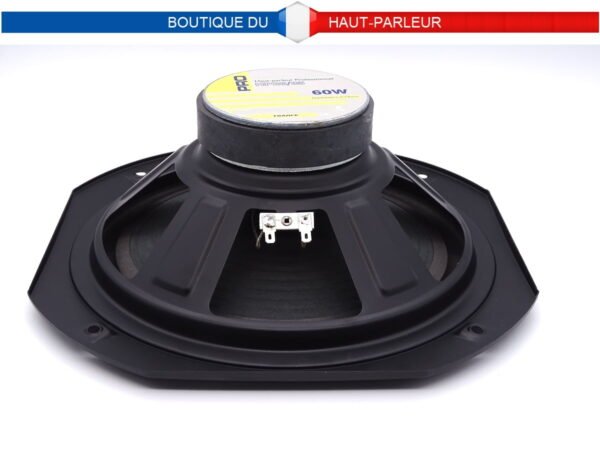 Haut-parleur Hi-Fi de remplacement 27,5 cm à châssis carré 60 watts 8 ohms 90 dB. Membrane en pulpe de cellulose pressée vernie. Suspensions mousse.